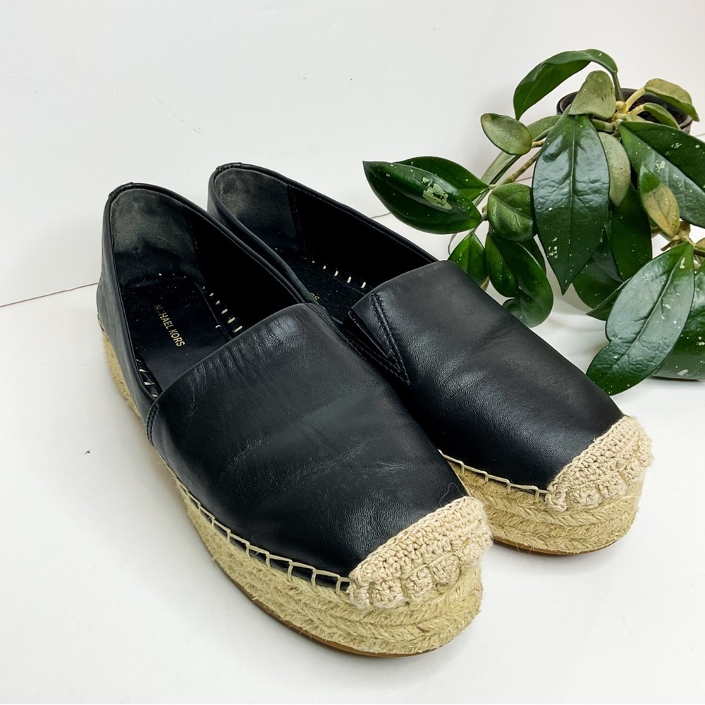 Michael Kors Black Leather Espadrille Flats with Natural Jute Trim